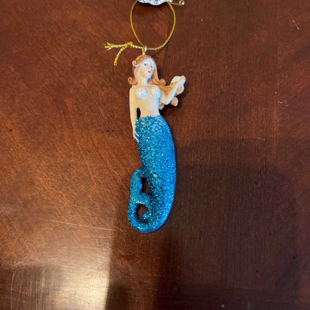 Mermaid resin Hanging Ornament With‎ Blue Sparkle Tail & Gold String
